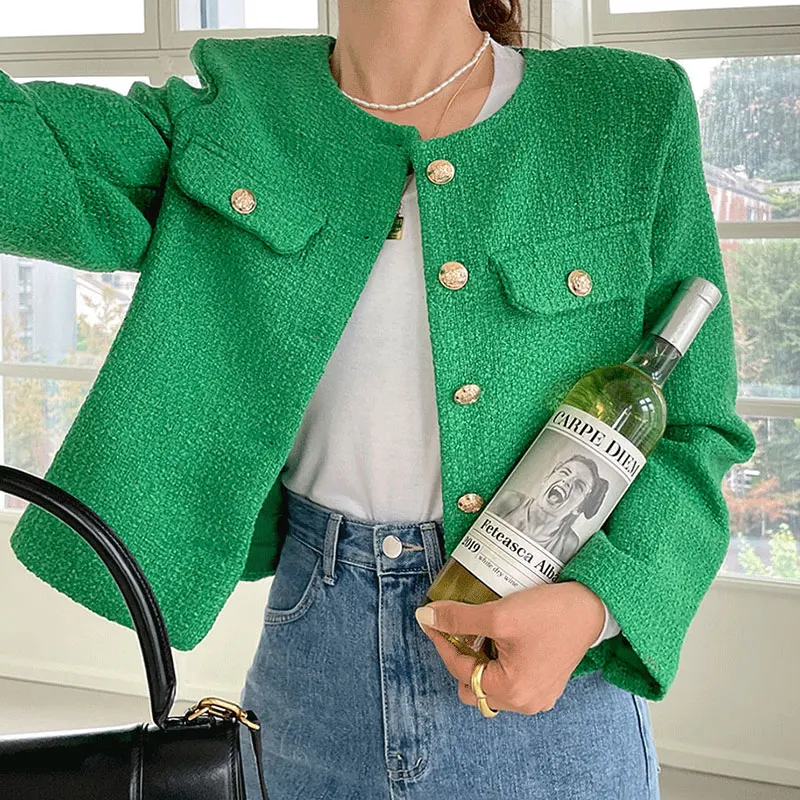 Elegancki, wiosenny, miękki, okrągły, metalowy, pojedynczy guzik, luźny, uniwersalny, mały, francuski, cienki, tweedowy płaszcz dla kobiet.