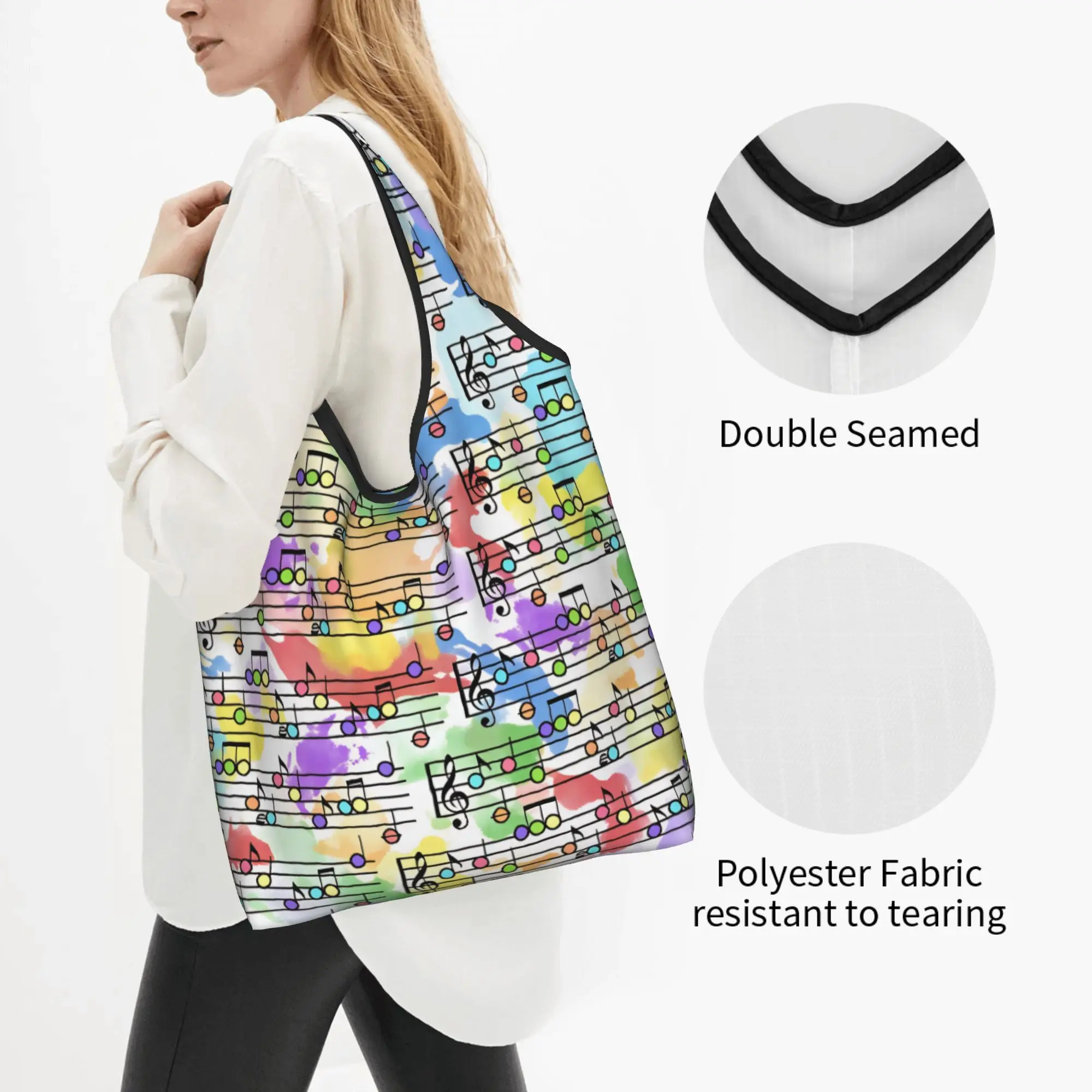 Funny Classy Music Notes On Splashes  Shopping Tote Bags Portable Pastel Colors School  Groceries Shopper Shoulder Bag
