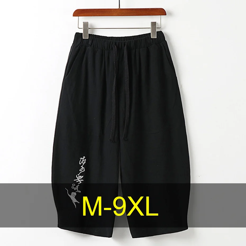 

9XL Plus Size Calf-Length Pants Men Crane Embroidery Pants Fashion Casual Cotton Linen Pants Male Big Size 9XL Elastic Waist