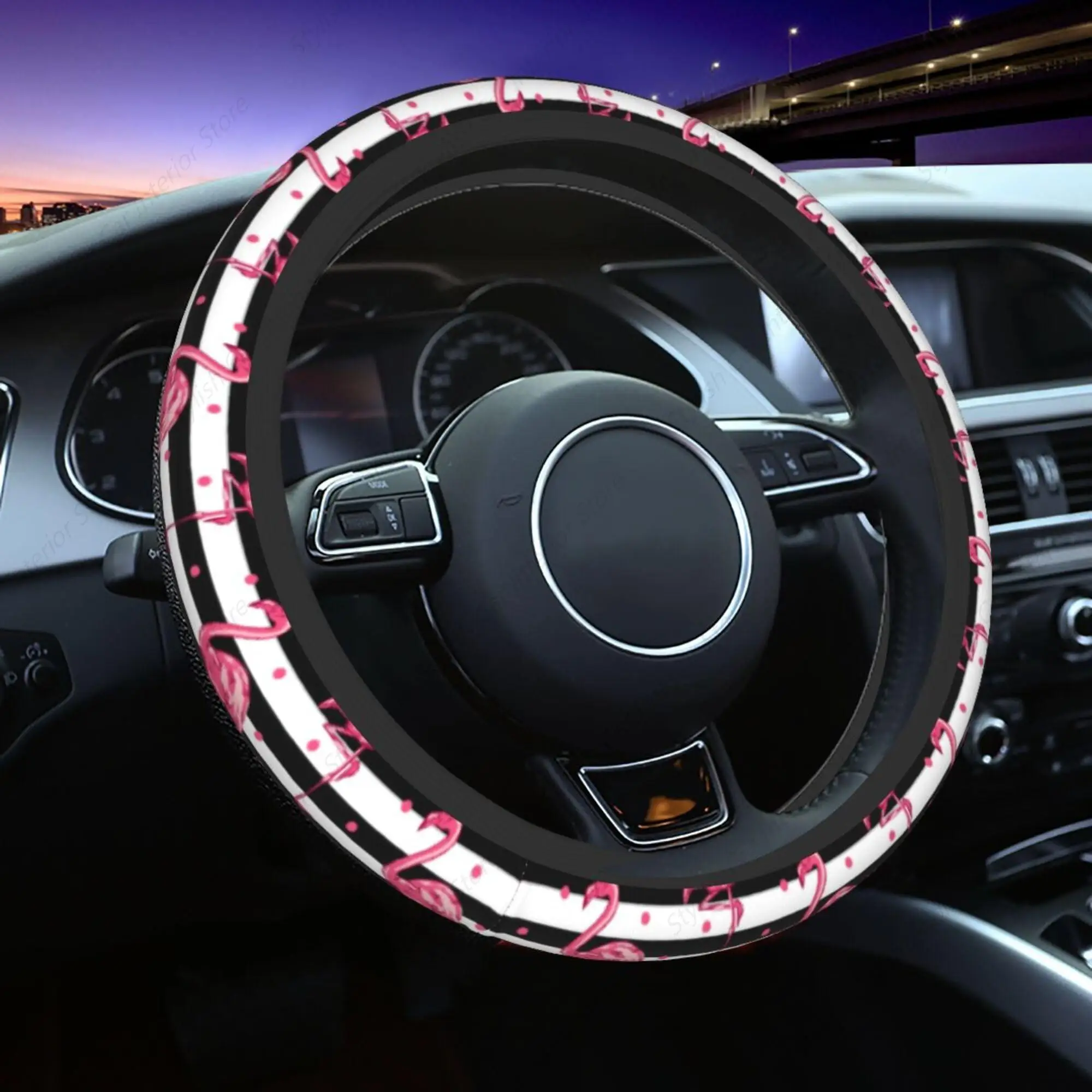 Pink Flamingo Art Black and White Stripe Neoprene Steering Wheel Protector Universal Fit Most Car Sedans SUVs - 15 Inch