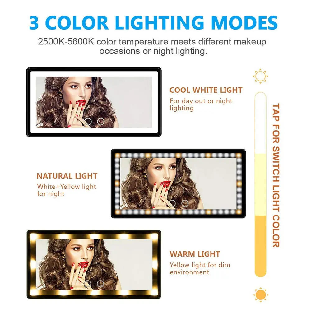 Universal 60 LEDs Car Sun Visor Dimmable HD Vanity Mirror Rechargeable Touch Screen Switch Interior Cosmetic Makeup Mirror