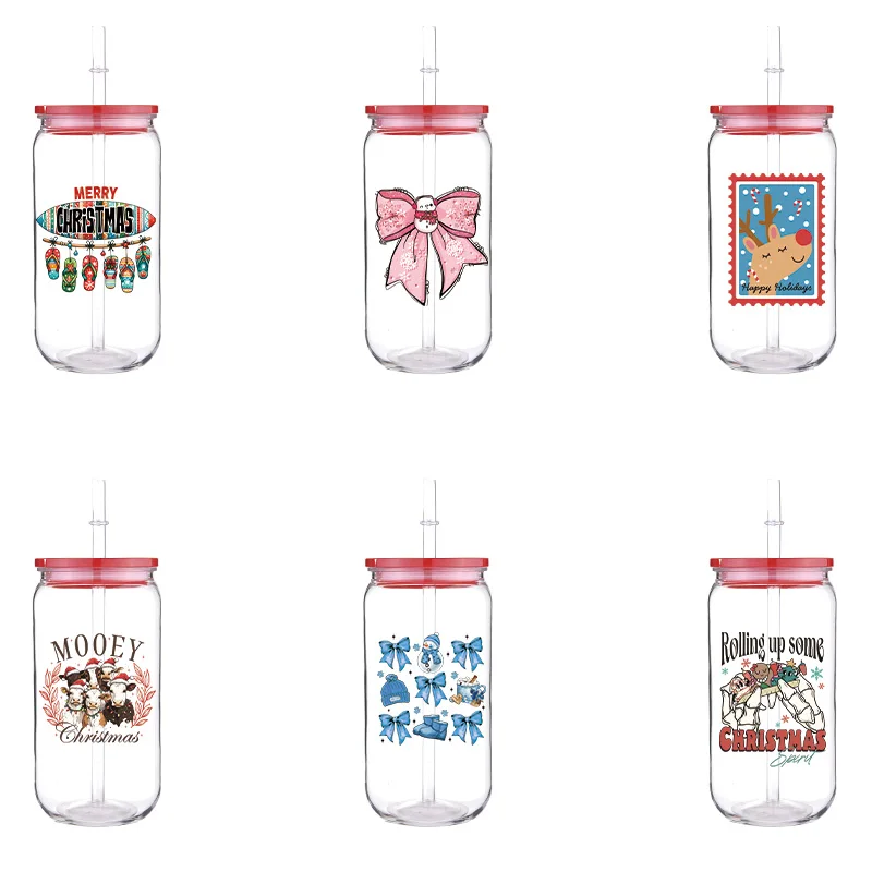 

Christmas 16oz Printed PET Cup With Straw Red Lid Cartoon Fashion Design Can Be Used To Milk Coffee Drinks Plastic Durable Cup