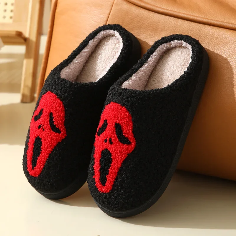 Halloween Platform Slippers Women Home Skull Designer Shoes Girls Winter Cartoon Casual House Fluffy Slides Soft Warm Large Size