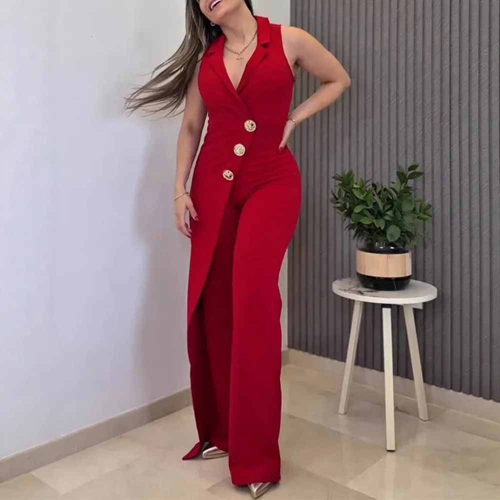 Decorazione con bottoni Colletto dentellato sovrapposto con scollo a V senza maniche Avvolgente sul davanti Tuta casual con cerniera posteriore Tuta da donna Pantaloni generali