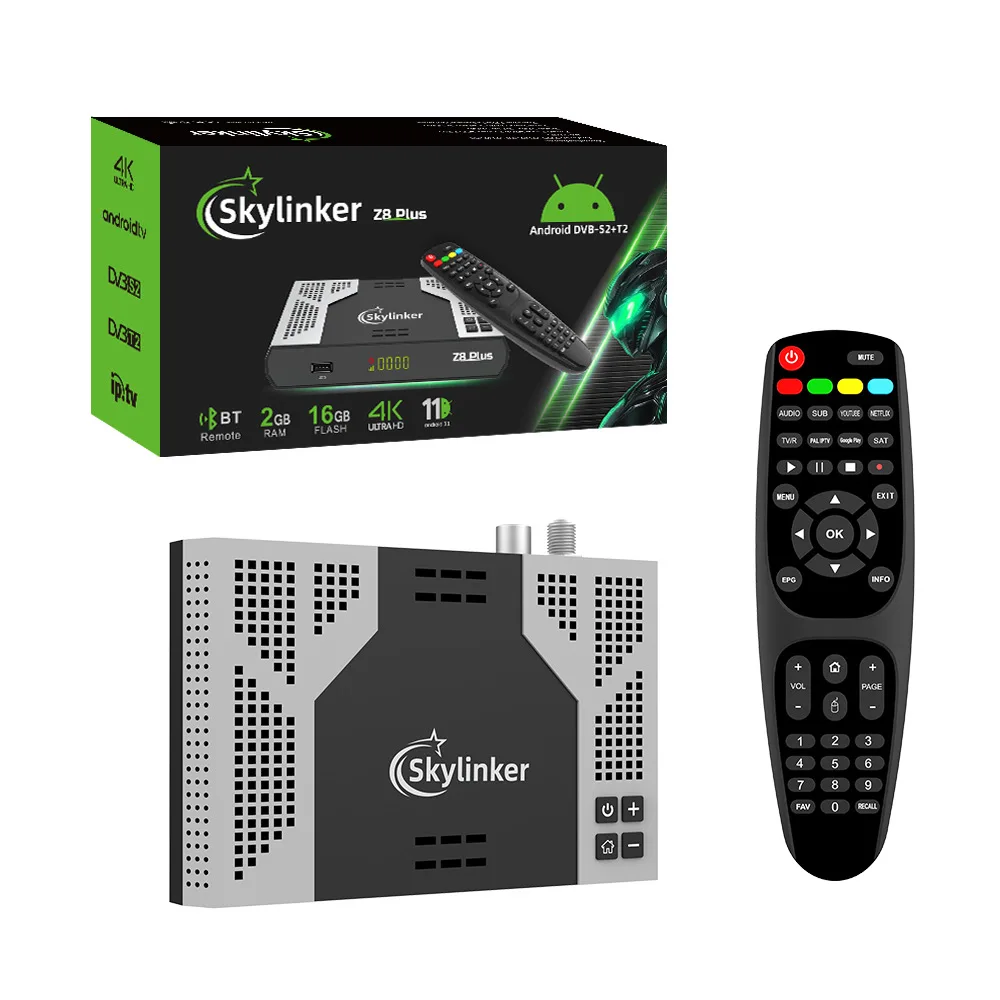Skylinker Z8 Plus Hybrid Android9 OTT+ DVB-S2+DVB-T2 HD 4K TV Box FTA H. 265 2+16 جيجا بايت 5 جيجا واي فاي BT4.2 مقابل ميكول kt2