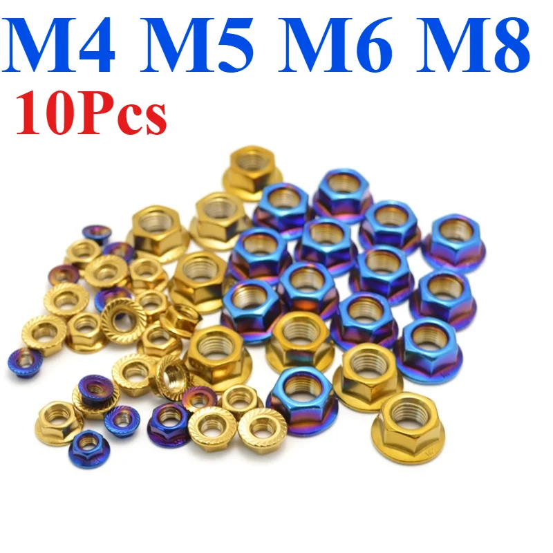 10PCS M4/M5/M6/M8/M10 x1.25/M10 x1.5/M10 x1.0 Stainless Steel Hex Nut Titanium Blue Flange Nut Motorcycle Rear Wheel Nut Bicycle
