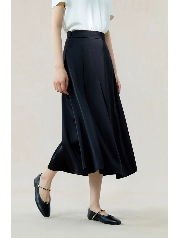 

ZIQIAO Satin Temperament Simple Umbrella Skirt High Waist Slim 2024 Summer Pleated A-Line Skirt 24ZQ92060