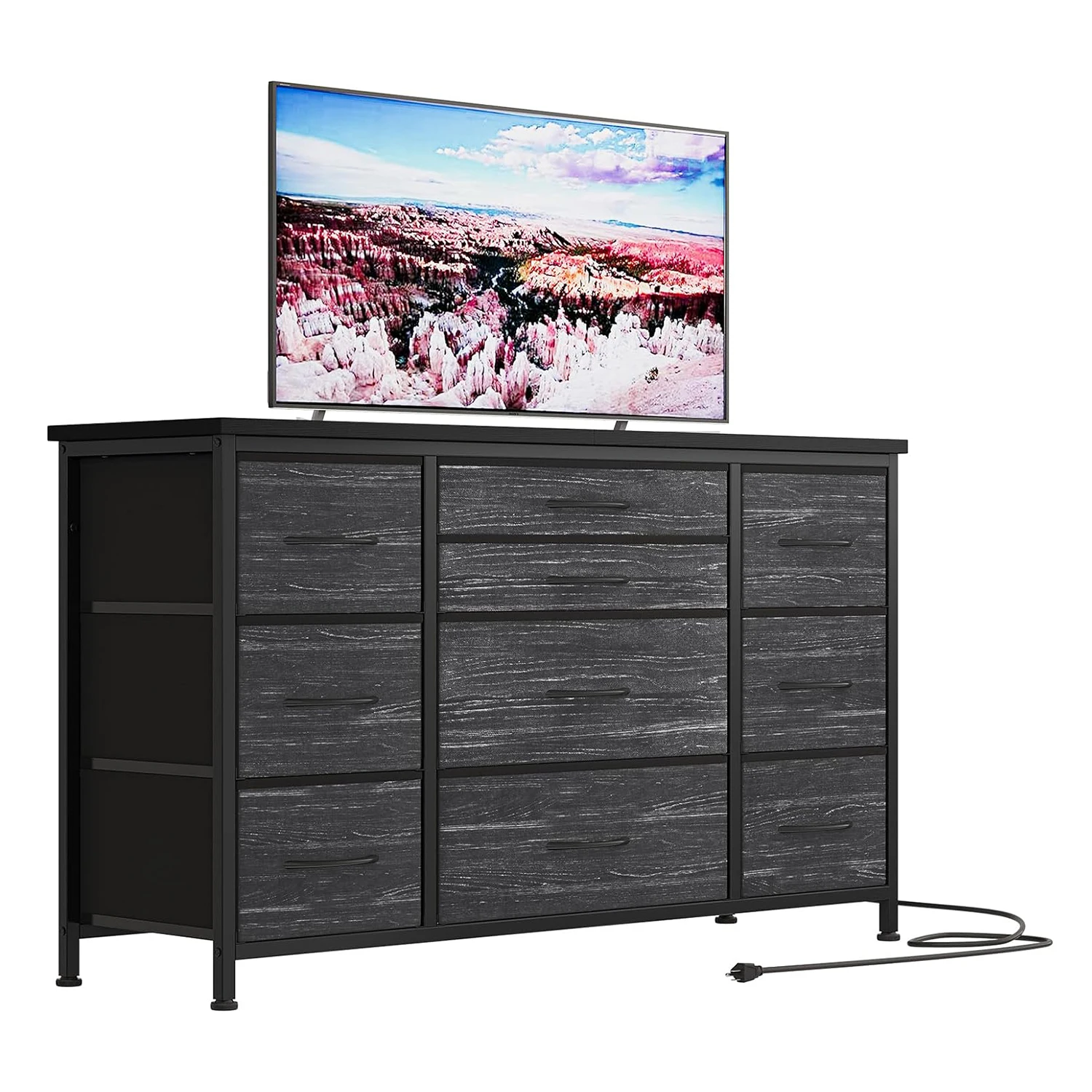 TV-Ständer Kommode für Schlafzimmer mit Ladestation 10 Stoffschubladen Rustikaler TV-Ständer Medienkonsole für Fernseher bis zu 55 Zoll – Detail 9