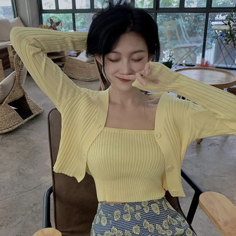 

Комплект из 2 предметов, короткий вязаный кардиган на бретельках для женщин, свитера Femme Chandails, пуловеры, топы