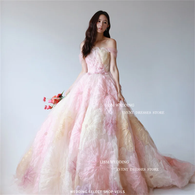 LISM Fairy Flowers Tulle A-Line Evening Dresses Korea Photo Shoot Off The Shoulder Wedding Prom Gowns Corset Back Formal Dress