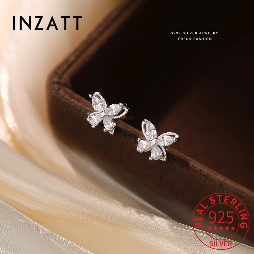 

INZATT Real 925 Sterling Silver Zircon Butterfly Mini Stud Earrings for Women Party Cute Fine Jewelry Light Luxury Accessories