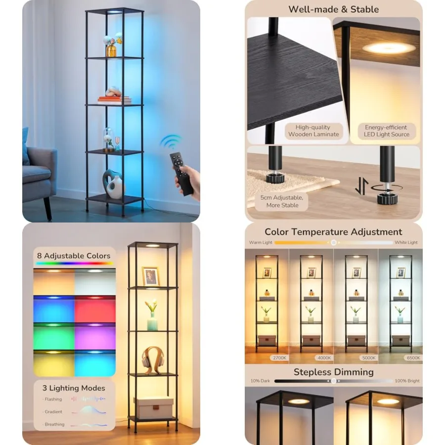 

RGBW Modern Floor Lamp, 5-Tier Display Shelf with Light, Adjustable Brightness and Color Temperature, 3 Lighting Modes, Remote