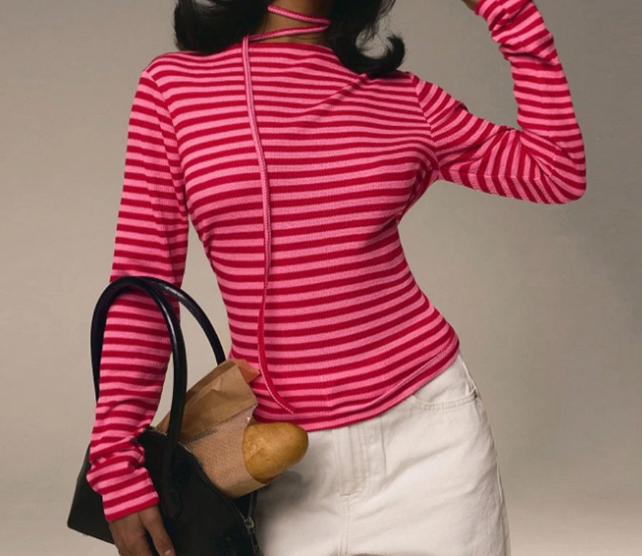 

2025 Autumn New Product Temperament Slim Fit Striped Elastic Round Neck Long Sleeved Top for Women