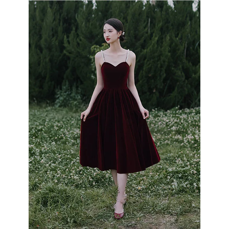 Vintage Burgundy Evening Dresses Fashion Spaghetti Strap Tea-length Vestidos Sexy Backless  Robe Soiree custom made Customized