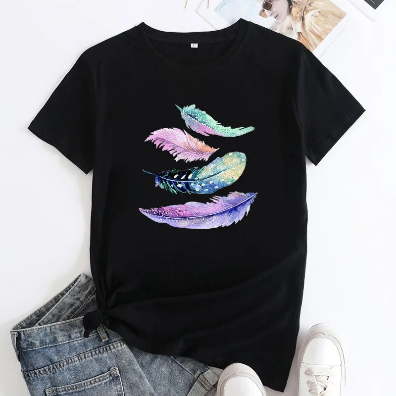 JFUNCY Women Summer T-shirt Woman Short Sleeve Tops Colorful Feathers Print Tshirt  Casual Loose Female Cotton Tees