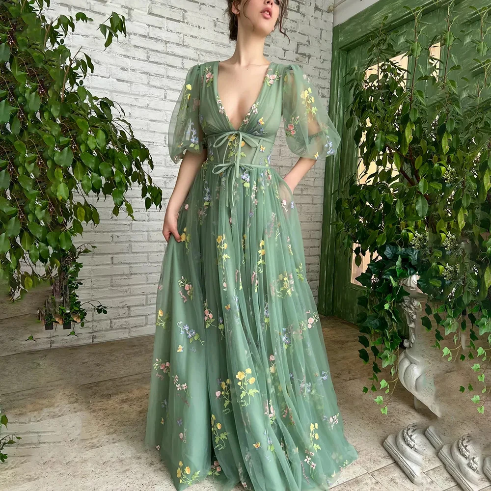 DHAOLU Forest Green Fairy Lace Prom Party Dresses Puff Sleeves A-Line Foraml Graduation Gowns Pleat Lace Evening Dance Dress