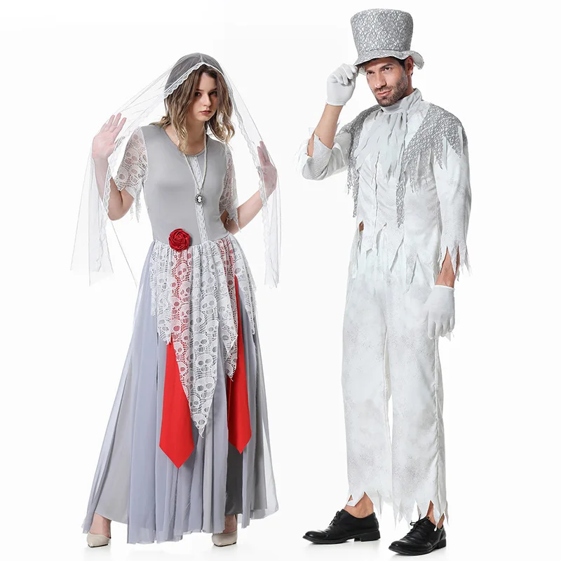 Zombie Bride and Ghost Groom Cosplay Uniform for Women & Men or Couples Scary Vampire Zombie Costume Adult Halloween Party Dress