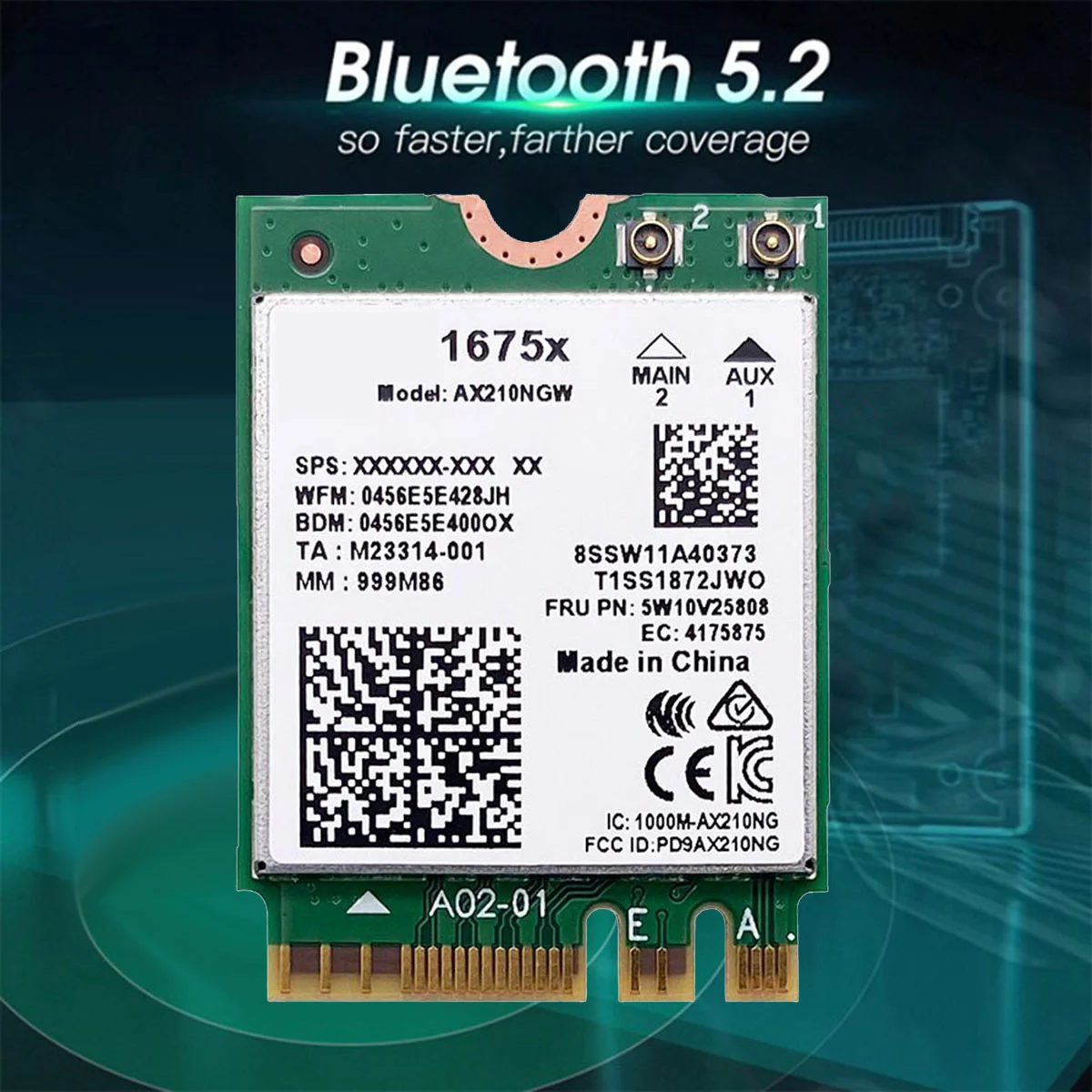 

For Intel 1675X WiFi Card+Antenna AX210NGW AX1675X Wi-Fi 6E 802.11AX 2.4G 5G 6G 5374Mbps BT 5.2 M.2 NGFF WiFi