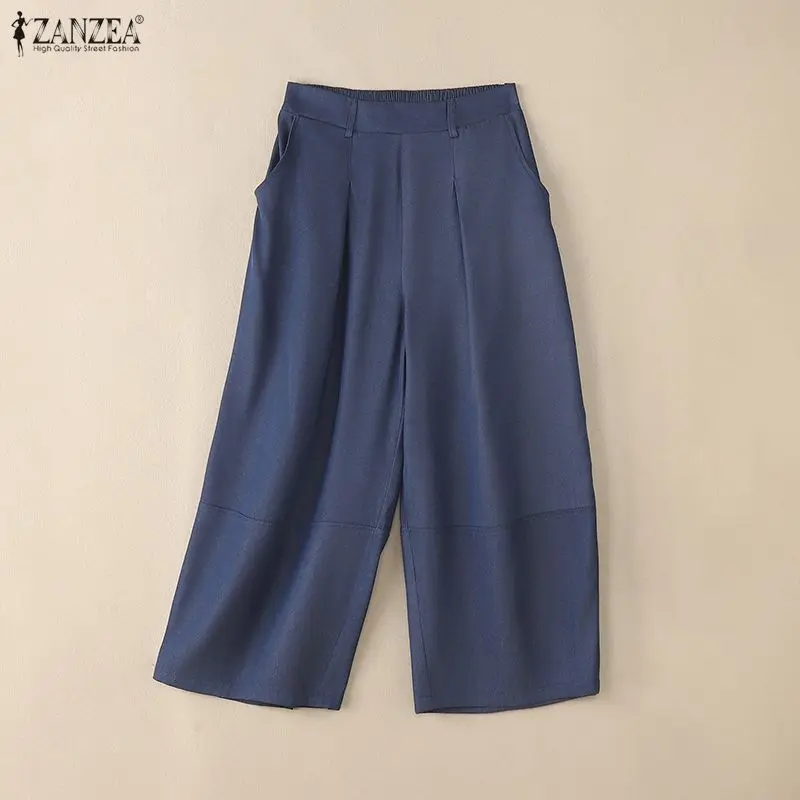 女性のカジュアルワイドレッグパンツファッションデニムのような伸縮性のあるバックウエストルーズパンツシームディテールハーレムパンツZANZEA女性カプリパンツ
