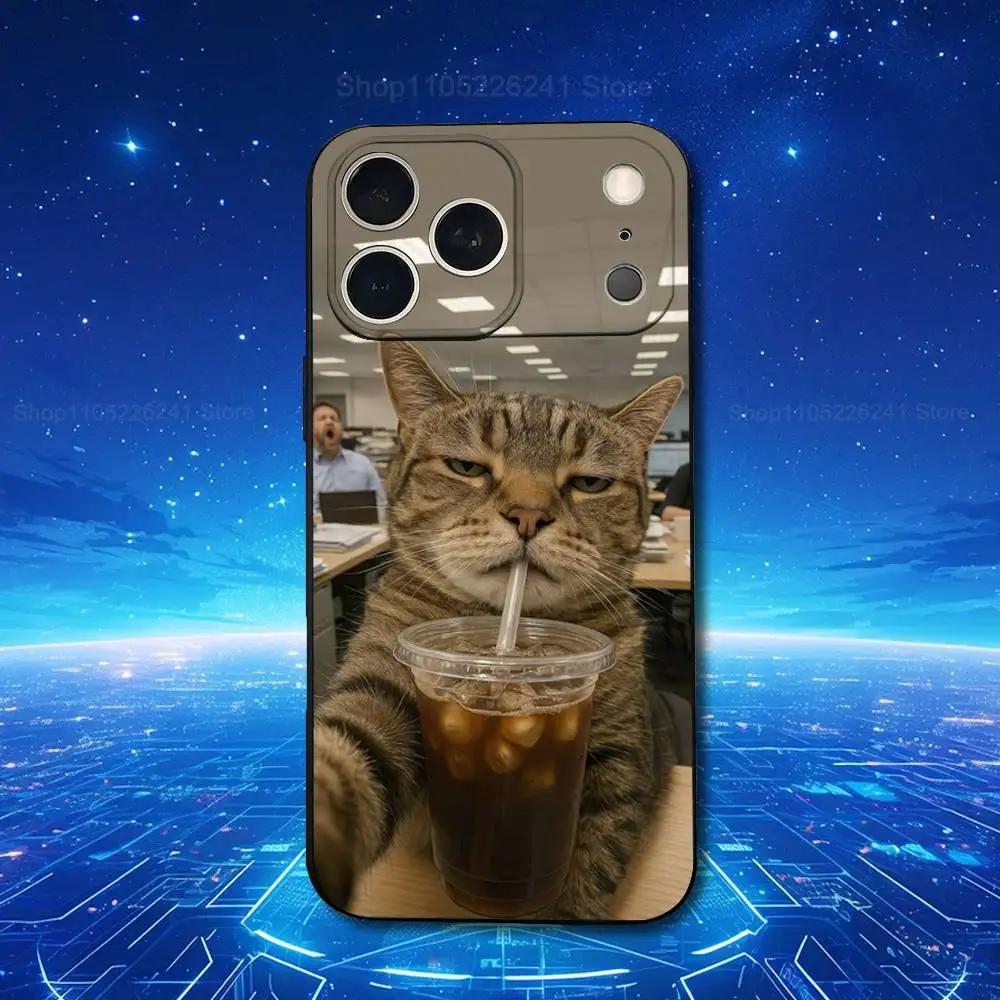 Emoji Art Tired Cat For iPhone 13,17,11,12,16,14,15,Plus,Pro Max,XS,X,XR,SE,Mini,8,7,Soft Silicone Black Phone Case