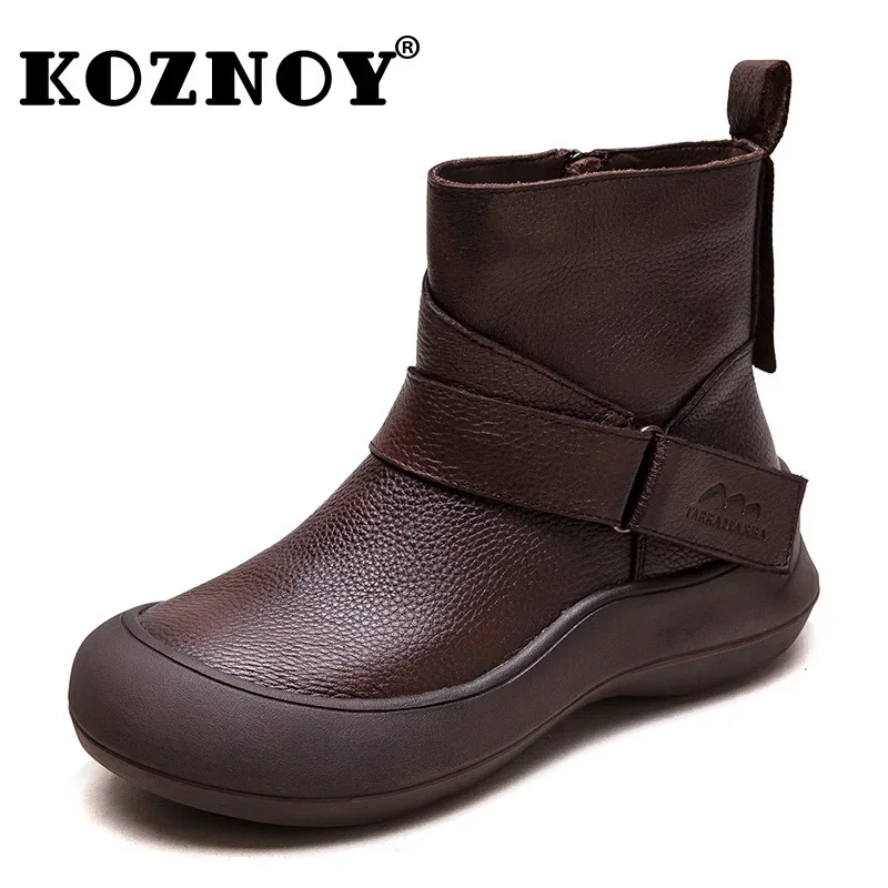 Koznoy 5.5cm Retro Genuine Leather Round Toe Autumn Platform Wedge Loafer Ankle Rubber Big Size Booties Spring Women ZIP Shoes