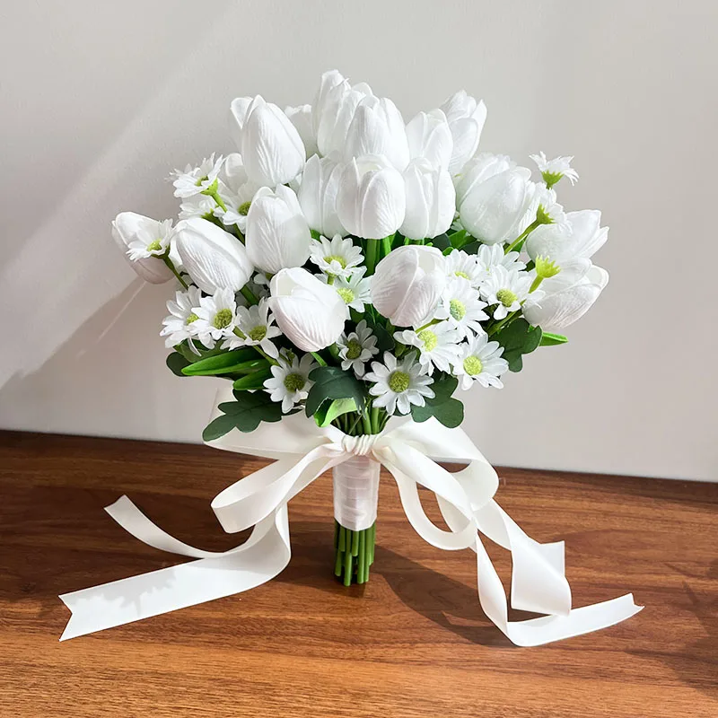 White Bridal Bouquet Wedding Flowers Accessories Tulips Artificial Real Touch Faux Bride Bouquets Centerpieces Party Table Decor