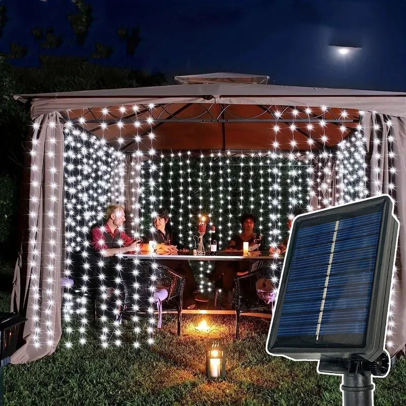 Solar LED Curtain Light, decoração de guirlanda ao ar livre, luzes de corda, fada, quintal, natal, festa de casamento, 8 modos