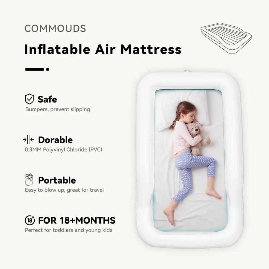 سرير سفر محمول للأطفال الصغار مع مصدات أمان، مرتبة هوائية قابلة للنفخ للأطفال مع مضخة كهربائية، مرتبة تفجير للأطفال، للغرا