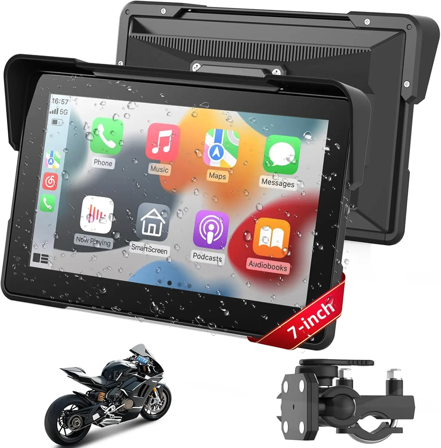 Navigazione GPS per moto wireless da 7 pollici CarPlay e Android Auto, schermo portatile impermeabile con doppio Bluetooth, controllo vocale,