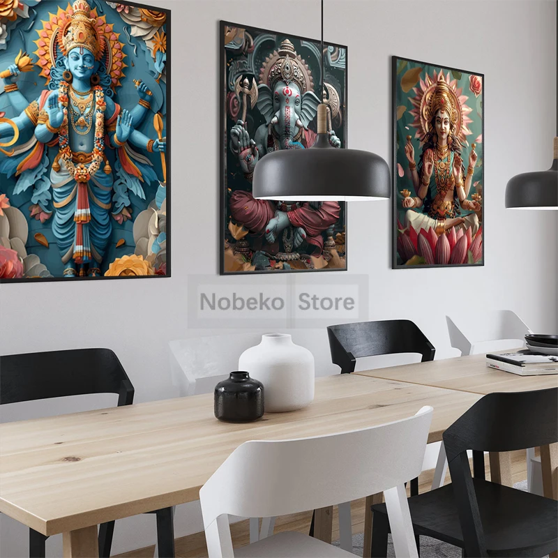 Hinduism Gods Poster Lakshmi Ganesha Shiva Vishnu Brahma Saraswati Prints Canvas Wall Art Pictures Home Room Modern Decoration