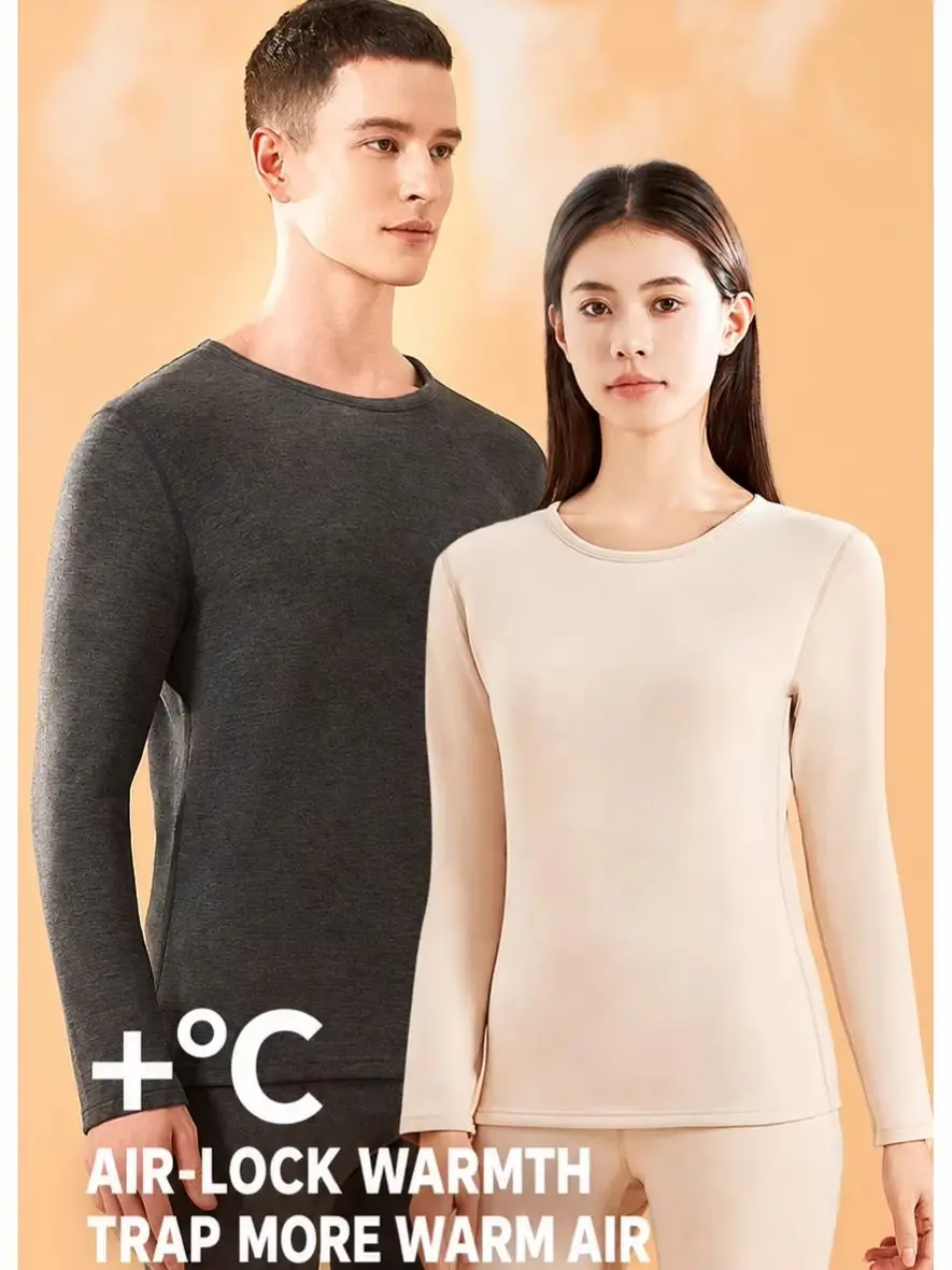 7A Antibacterial Fleece Men's Thermal Underwear Women's Crew-Neck Base Layer Set Soft Versatile Durable Casual Homewear.