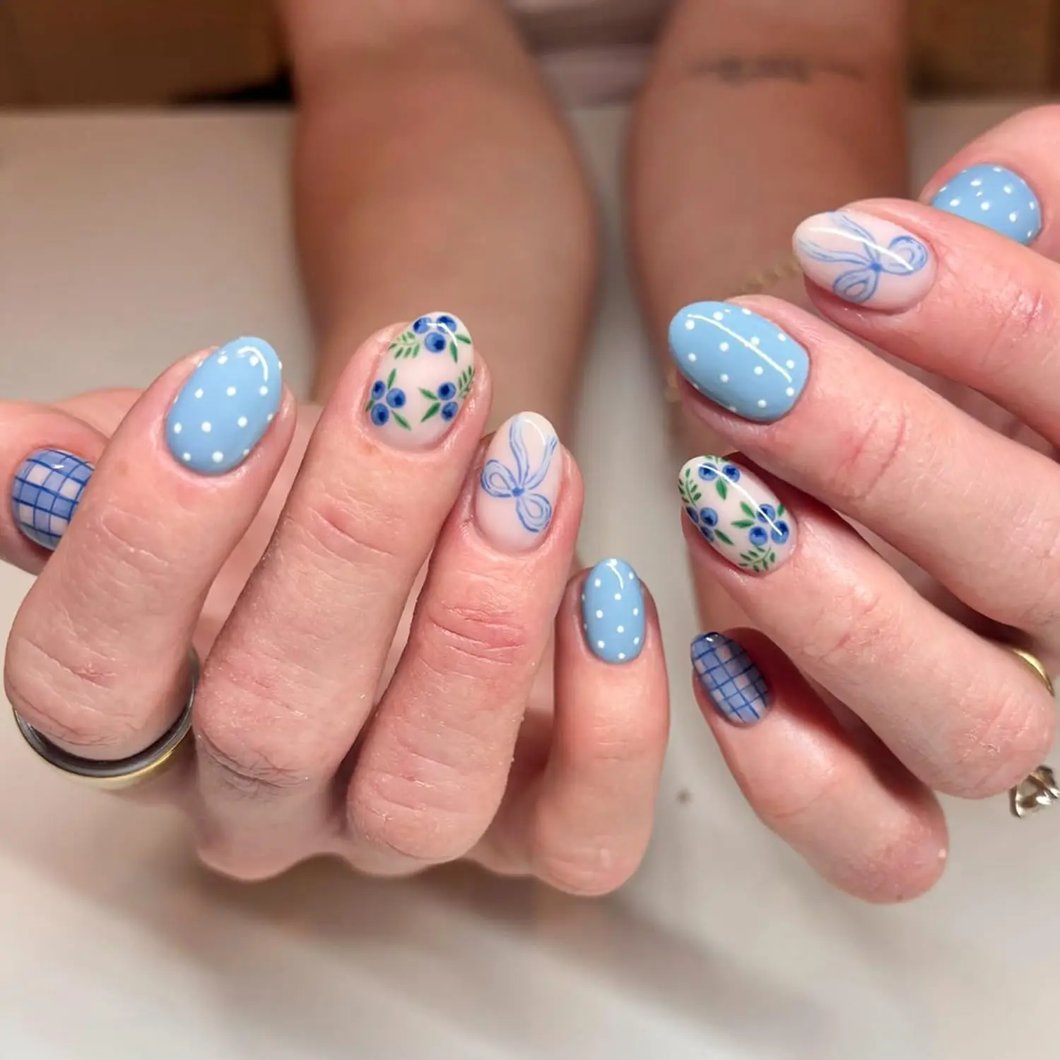 

24Pcs Spring Press on Nails Short Almond Fake Nails Fruit False Nails Blueberry Bow Polka Dot Blue Checkerboard Glue on Nail