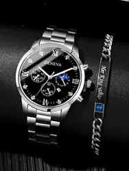 2PCs Men's Fashion Business Calendar Round Steel Band Quartz Watch+Chain Bracelet Set