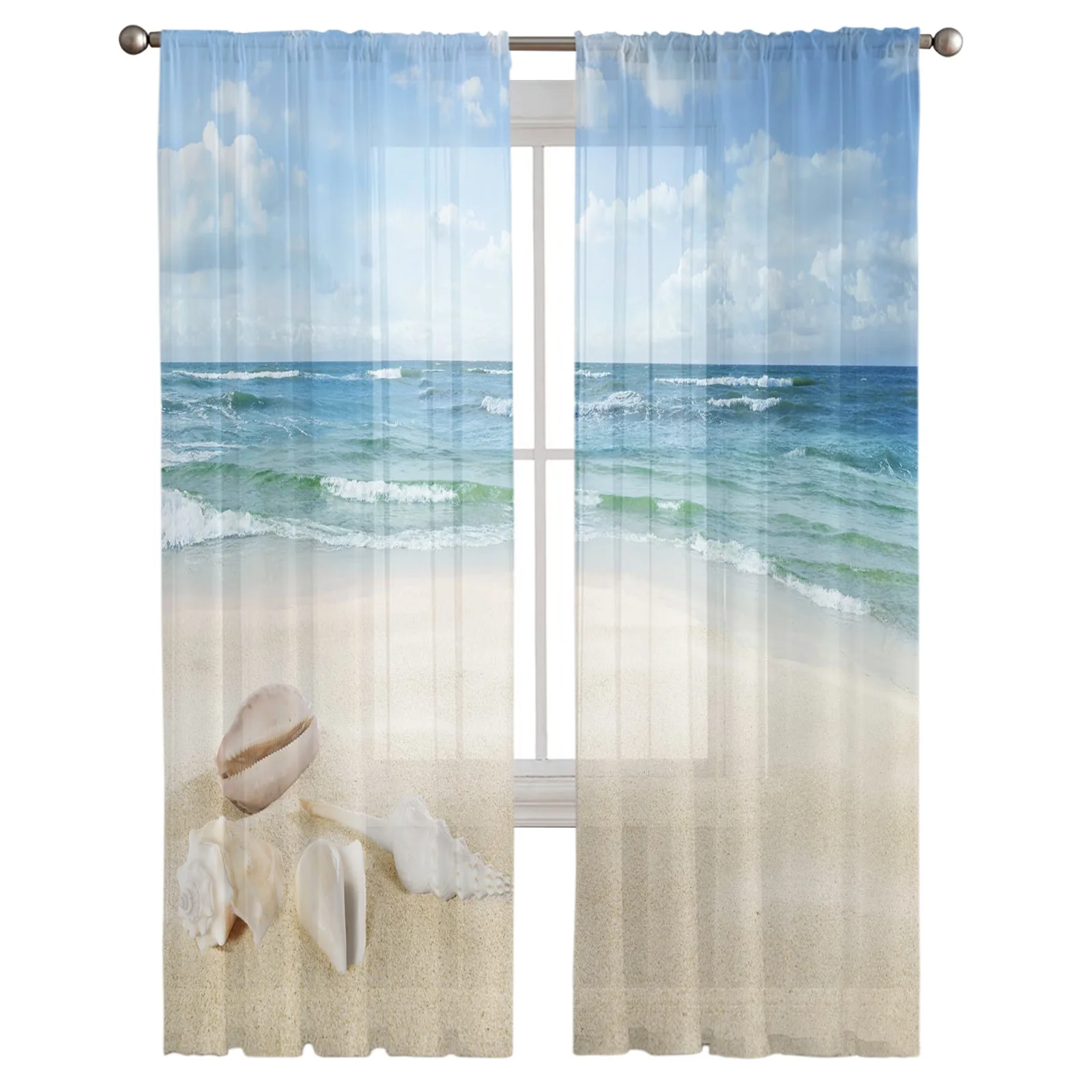 White Cloud Beach Shell Blue Sea Water Scenery Sheer Curtains for Living Room Bedroom Window Treatment Kitchen Chiffon Curtain