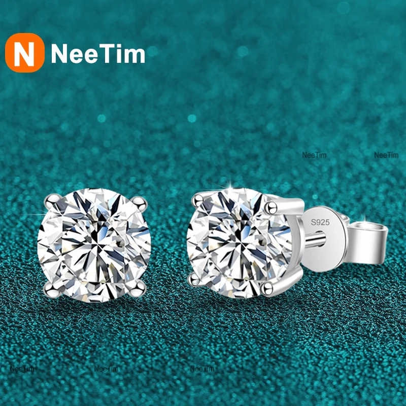 NeeTim 0.1ct-5ct D Moissanite Stud Earrings Engagement 925 Sterling Silver with White Gold Plated Wedding Jewelry for Women Man