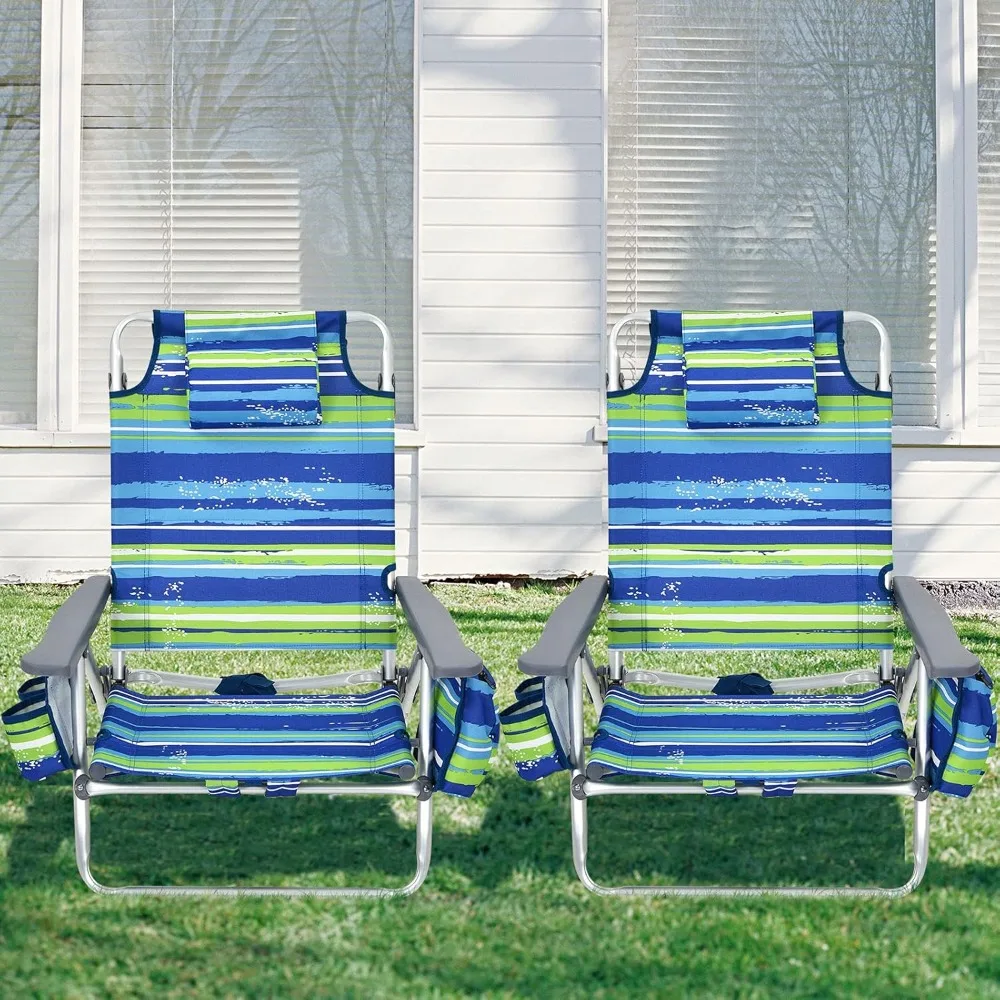 Silla de playa plegable, sillas tipo cabestrillo para patio con 5 posiciones ajustables, almohada para la cabeza, bolsa de almacenamiento, toallero, silla de camping
