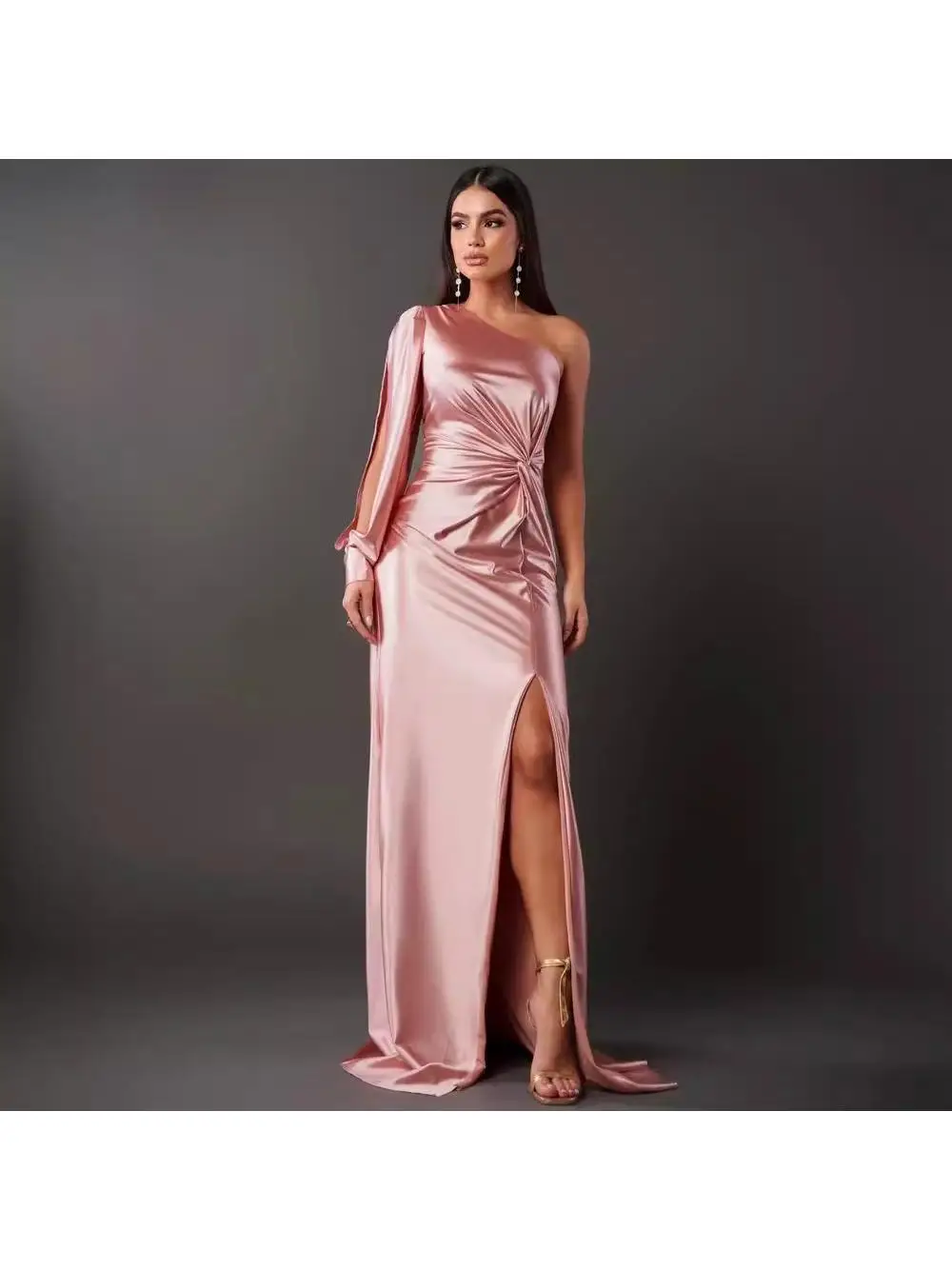 セクシーなロングスリットスカート レディースファッション ギャザーウエスト サイドスリット ショルダーインサートスリーブ 斜め襟 エレガントなレディスタイル ロングドレス