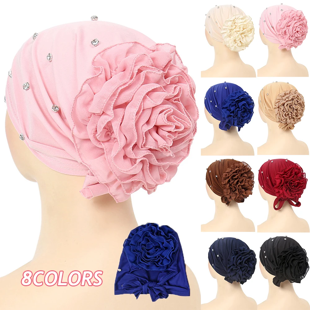 Big Flowers Women\'s Hijabs Turban Hat Muslim Headscarf Summer Rhinestone Chiffon Baotou Hat Head Wrap Comfortable Solid Color