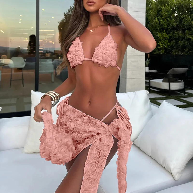 

3D стринги с цветочным принтом, бикини, треугольный комплект из 3 предметов, женский купальник с лямкой на шее, женский купальный купальник, пляжная одежда, новинка