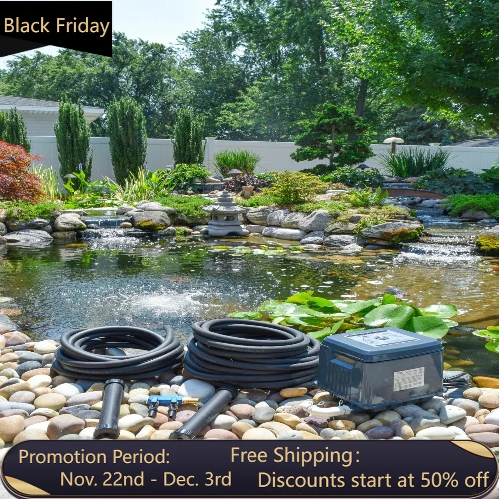 LA2 KLC Koi Pond Aeration Kit 2000-15000 Gallon Pond Dual Linear Diaphragm Compressor 50’ of ⅜” Quick Sink Tubing Rubber