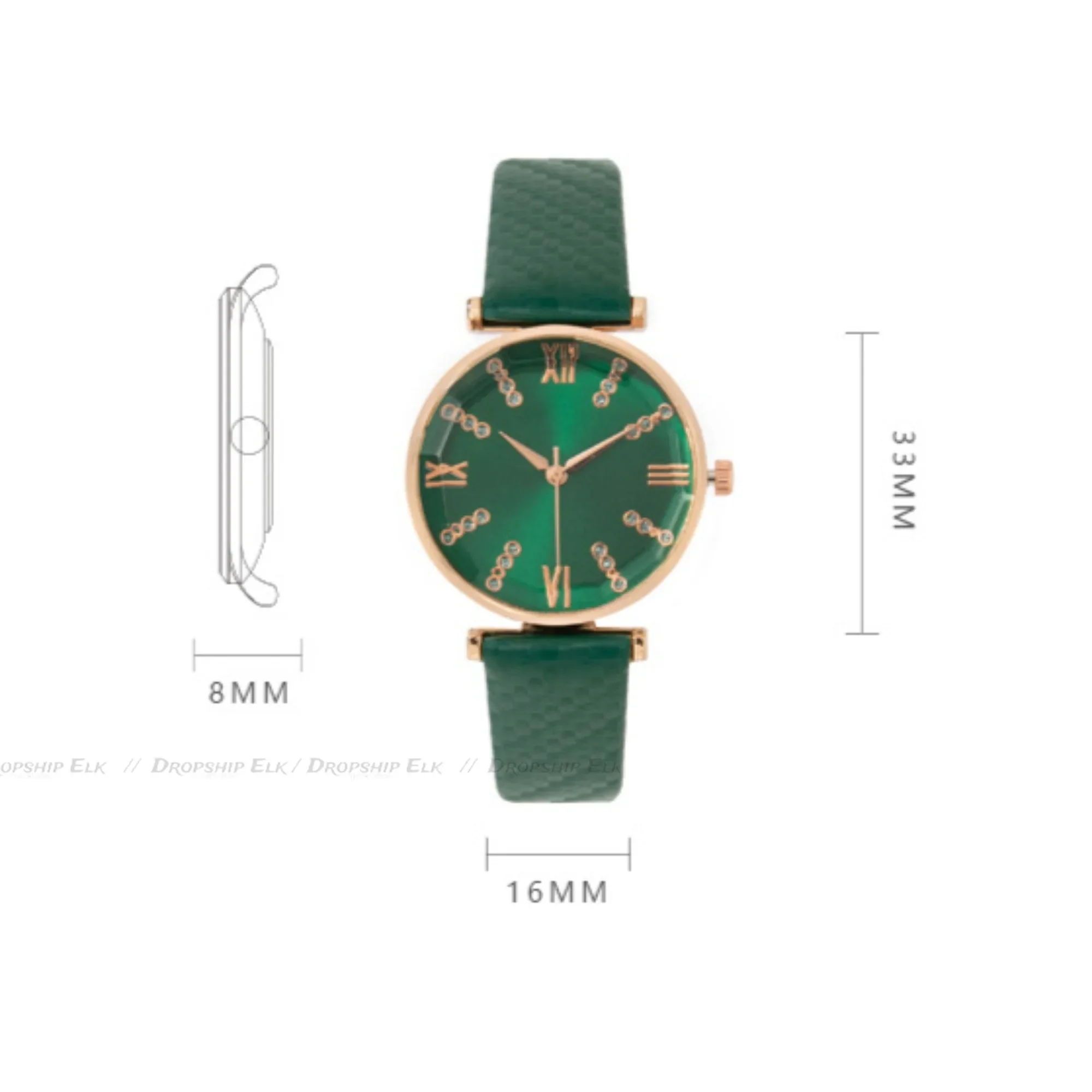女性のためのローマのデザインの腕時計,クォーツ,グリーンレザーストラップ,高級ブランド,ファッション