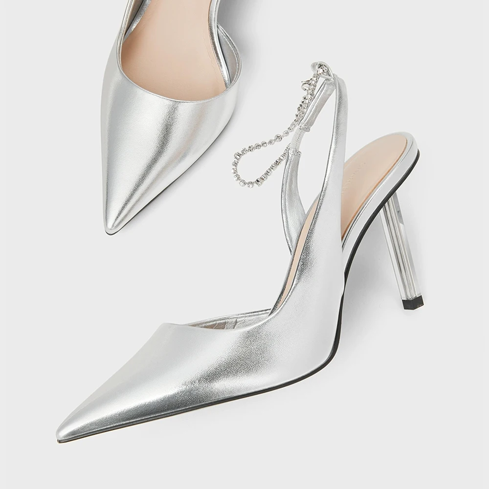 FWRD Women's Metallic Leather Pointed-Toe Chain-Strap Stiletto Sandals, Comfortable, for Parties & Evenings #FWRD000271