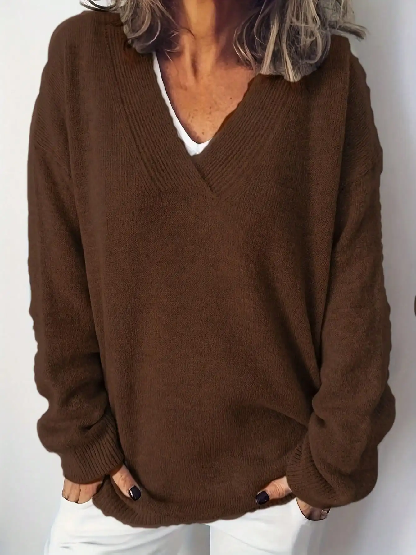 Herbst Winter Täglicher Casual Damen Übergröße V-Ausschnitt Langarm Pullover – Detail 2