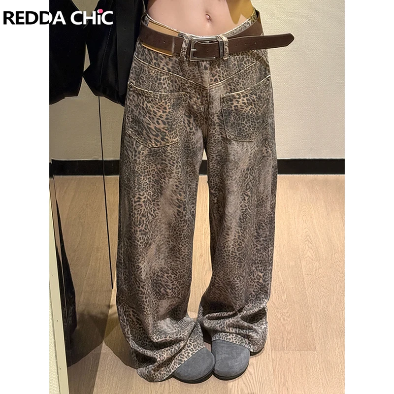 

ReddaChic Ретро широкие леопардовые джинсы с кожаной этикеткой, прямые мешковатые брюки с высокой талией, женские брюки, уличная одежда в стиле Харадзюку