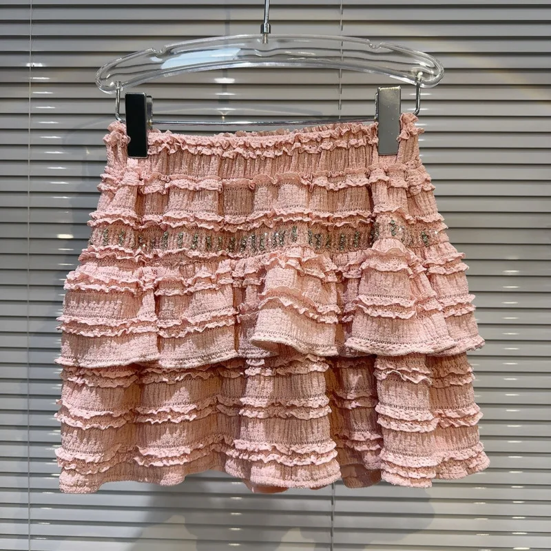 

BORVEMAYS Sequins Patchwork Ruffles Pleated Skirts Mini A-line High Waist Solid Color Temperament Summer New Women WZ9033