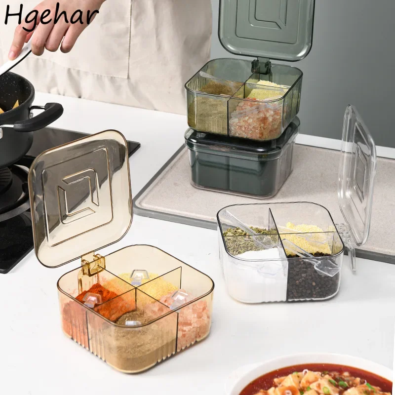 Four Grids Seasoning Boxes with Handle Sugar Salt Spice Jars Moisture Clear Sealed Organizer Kitchen Storage Container Household