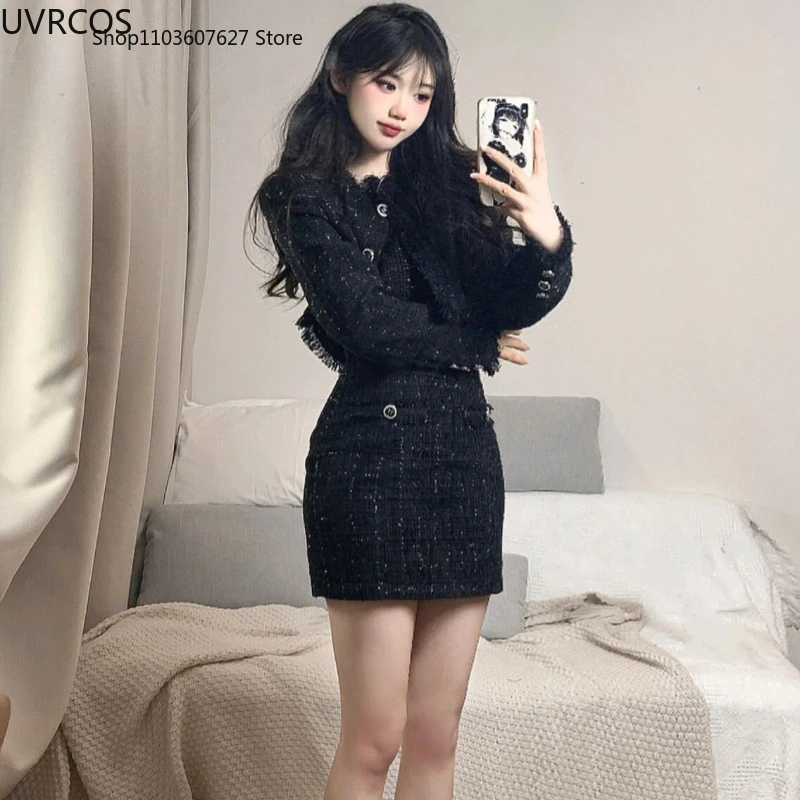 Black Korean Style Retro Elegant Two Piece Set Women Fashion Tassels Short Jackets Casual Strap Party Mini Dress Female Y2k Suit