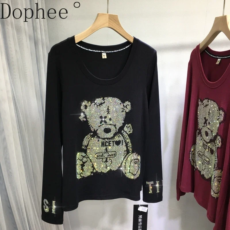 

Plus Size Long Sleeve T-shirt Women Autumn Winter Cute Bear Hot Drilling O-neck Pullover Top Elegant Casual Female Basic Tees