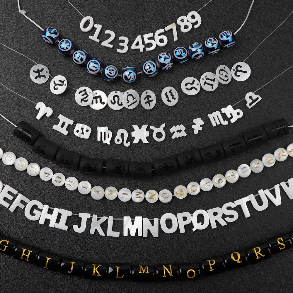 Wholesale Shell Glass 26 Letters/12 Zodiac Sign Charms Set Capital Bead For Jewelry Making Necklace Bracelet Handmade Accessory