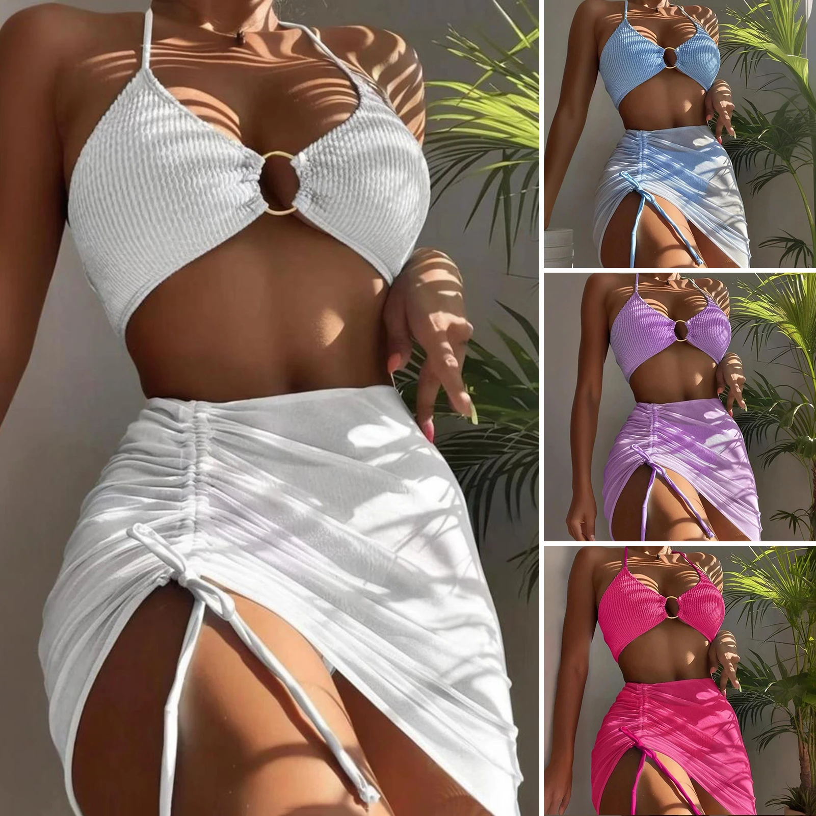 Stretchy Swimsuit Criss Cross Lace-up Bikini Set with Thong Cover Up Skirt Sexy Women\'s Swimwear for Beach Wear Bathing Suit Bow